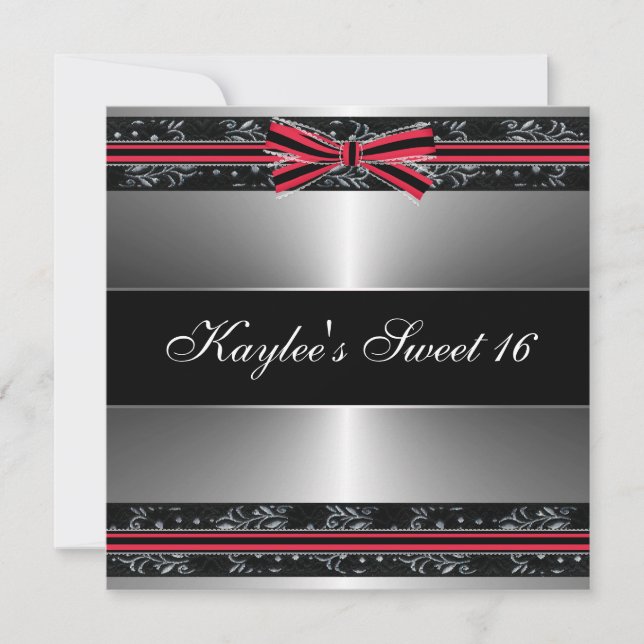 Invitation Sweet sixteen d'argent noir rouge Bow (Devant)