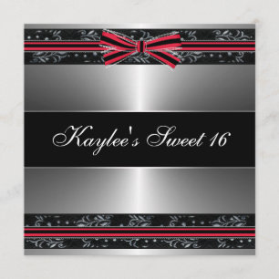 Invitation Sweet sixteen d'argent noir rouge Bow