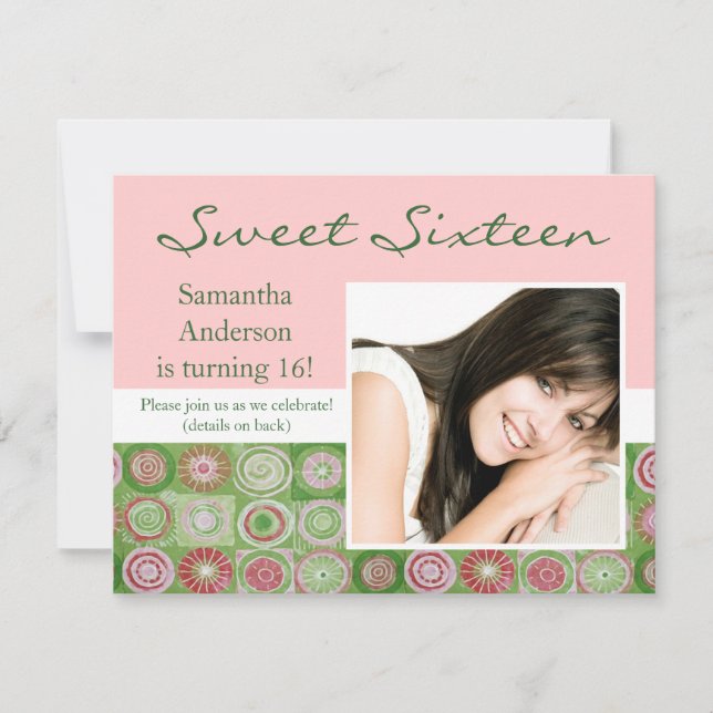 Invitation Sweet sixteen d'art rose et vert (Devant)