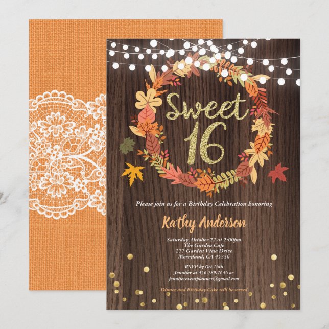 Invitation sweet sixteen d'automne 16 ans couronnes de bois r (Devant / Derrière)