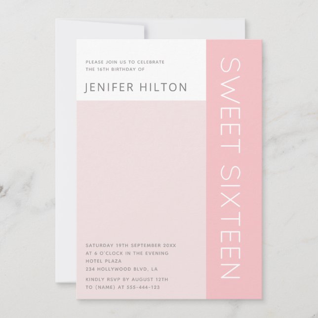 Invitation Sweet sixteen de bloc de couleur simple et élégant (Devant)