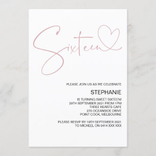 Invitation Sweet sixteen de coeur rose fête d'anniversaire