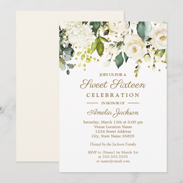 Invitation Sweet sixteen de Confetti Floral Blanc (Devant / Derrière)