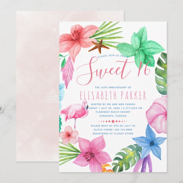 Invitation Sweet sixteen de couronne de fleurs rose tropicale (Devant / Derrière)