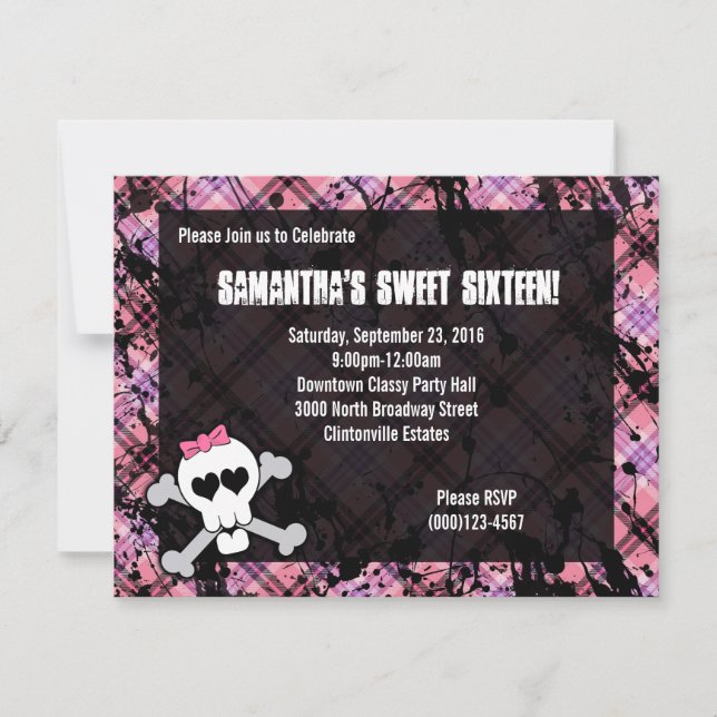 Invitation Sweet sixteen de crossbones de crâne noir et rose (Devant)