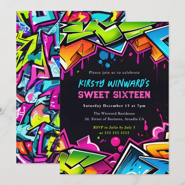 Invitation Sweet sixteen de graffiti d'art moderne de rue (Devant / Derrière)