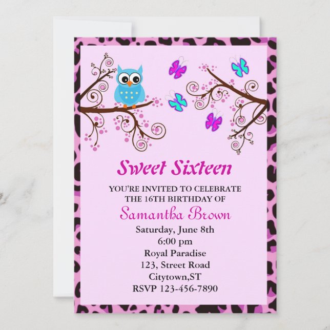 Invitation Sweet sixteen de hibou et papillons (Devant)