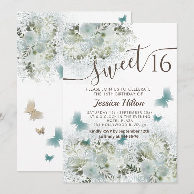Invitation Sweet sixteen de jardin fleuri aux papillons (Devant / Derrière)
