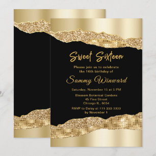 Invitation Sweet sixteen de lances or et noir glam