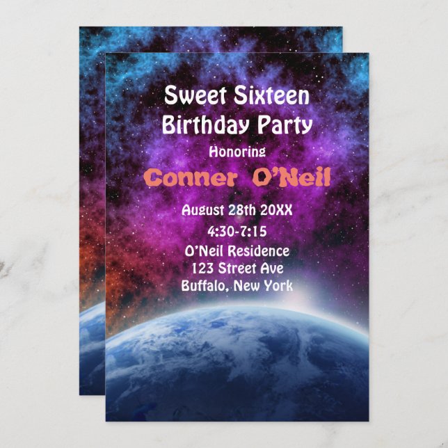 Invitation Sweet sixteen de l'espace fête d'anniversaire (Devant / Derrière)