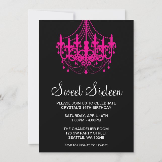 Invitation Sweet sixteen de lustre rose et noir (Devant)