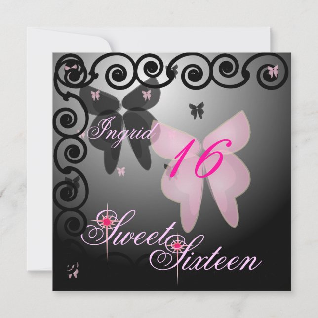 Invitation Sweet sixteen de papillon du débutant Pink/Black I (Devant)