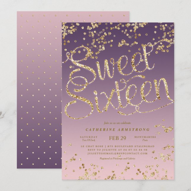 Invitation Sweet sixteen de Parties scintillant en or rose (Devant / Derrière)