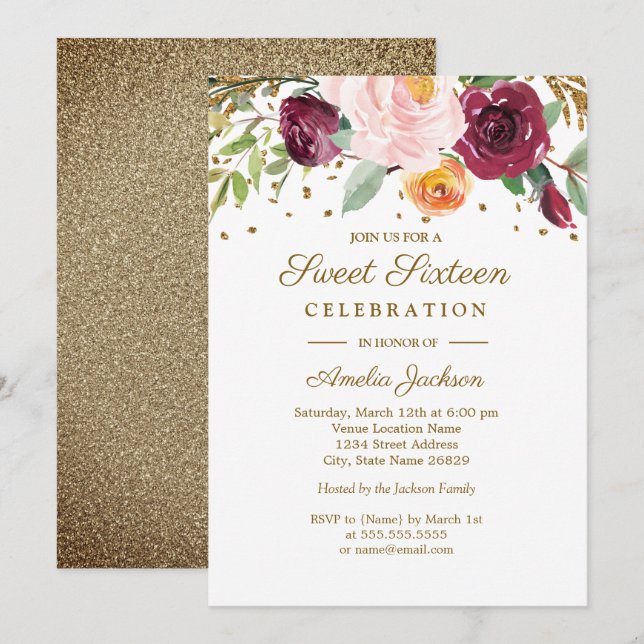 Invitation Sweet sixteen de Parties scintillant Floral Bourgo (Devant / Derrière)