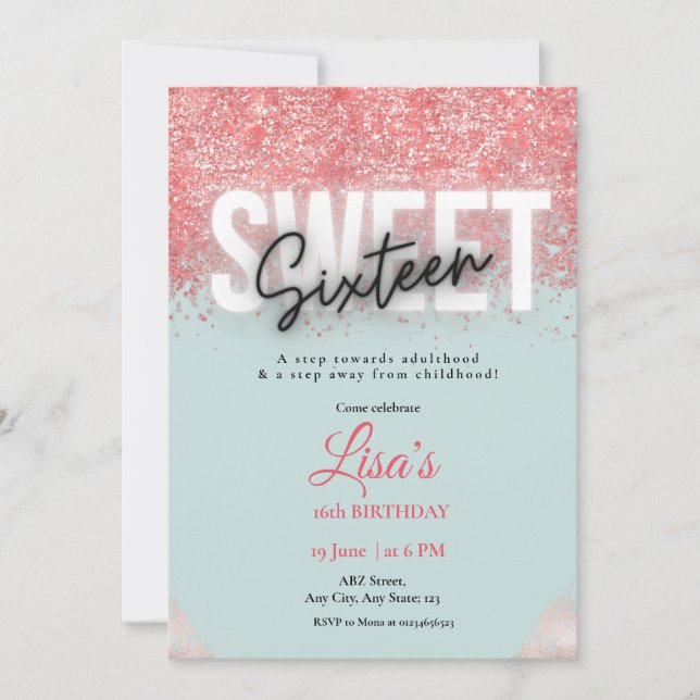 Invitation sweet sixteen de parties scintillant rose rose (Devant)