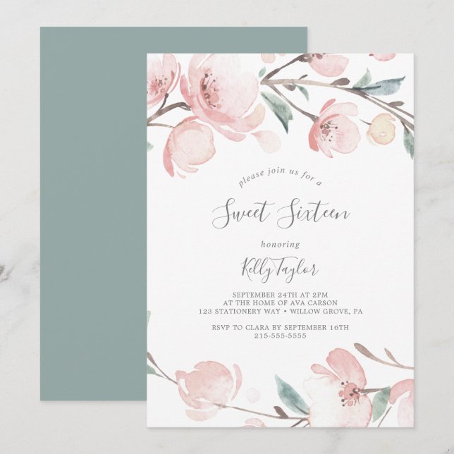 Invitation Sweet sixteen de printemps de fleurs de cerisiers (Devant / Derrière)