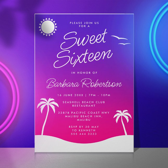 Invitation Sweet sixteen de script de coucher de soleil tropi (Sweet sixteen invitation with sunset and tropical palm trees)