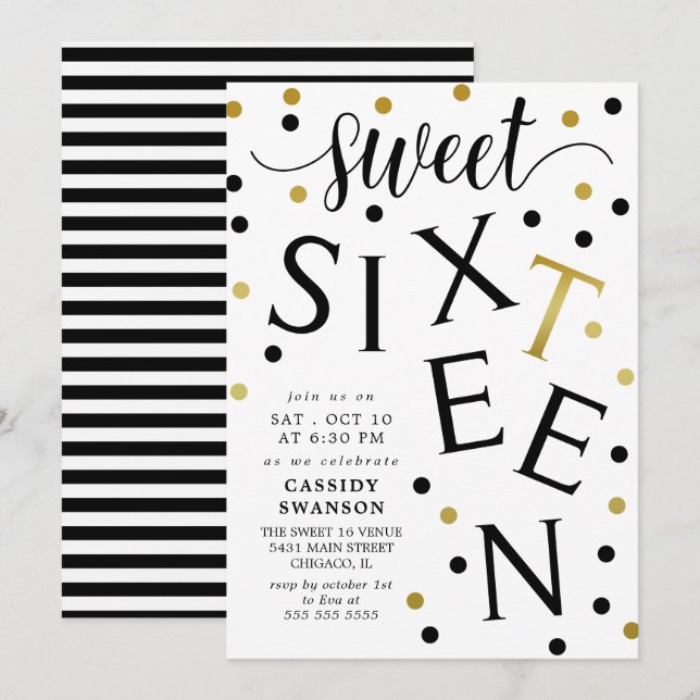 Invitation Sweet sixteen de typographie or noir & Faux (Devant / Derrière)