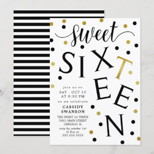 Invitation Sweet sixteen de typographie or noir & Faux