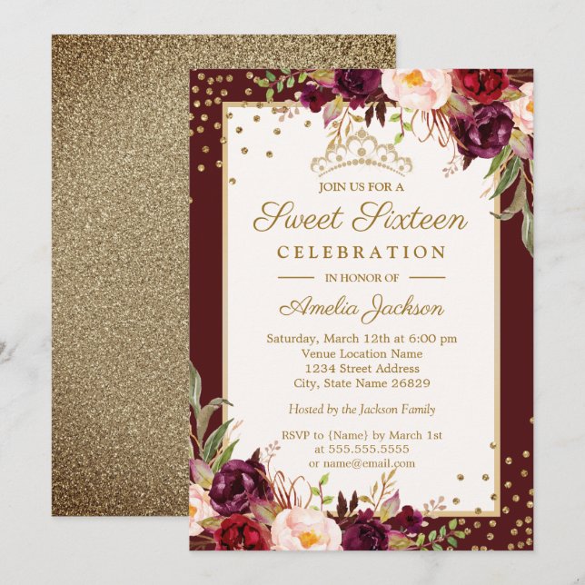 Invitation Sweet sixteen d'éperon à fleurs bordeaux doré (Devant / Derrière)
