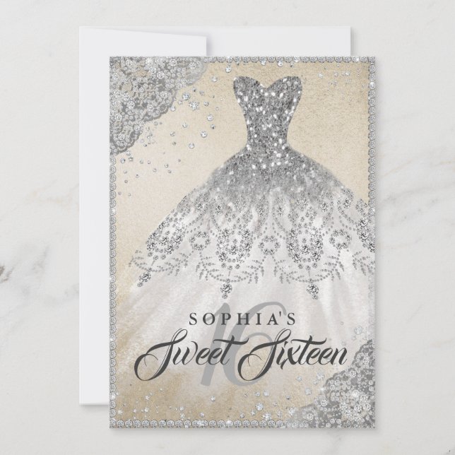 Invitation Sweet sixteen d'étincelle diamant or en argent (Devant)