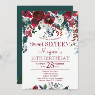 Invitation Sweet sixteen d'hiver vert de pin bordeaux floral