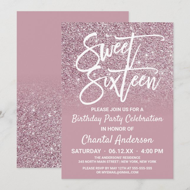 Invitation Sweet sixteen d'Ombre de Parties scintillant rose  (Devant / Derrière)