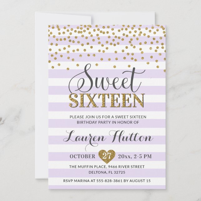 Invitation Sweet sixteen d'or Lavender Lilac (Devant)