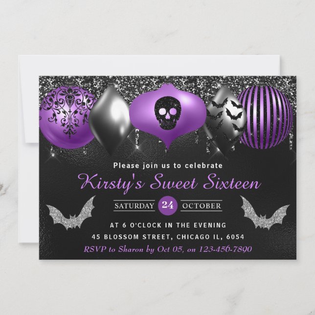 Invitation Sweet sixteen d'ornements d'Halloween noir et viol (Devant)