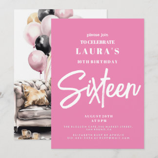 Invitation Sweet sixteen, doux 16, rose, fête d'anniversaire
