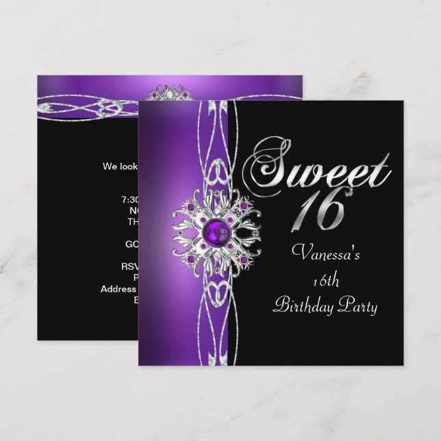 Invitation Sweet sixteen doux 16 violet argent noir (Devant / Derrière)