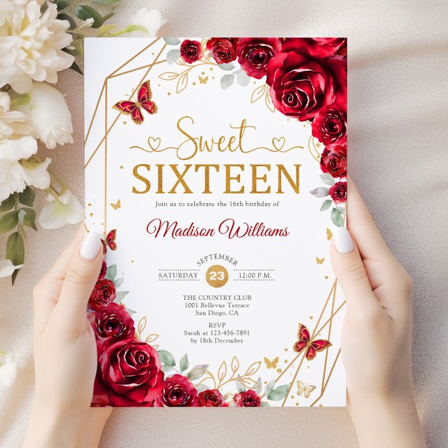Invitation Sweet sixteen Elegant Chic Red Roses Or (Créateur téléchargé)