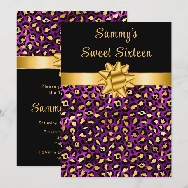 Invitation Sweet sixteen Empreinte de léopard pourpre et or (Devant / Derrière)