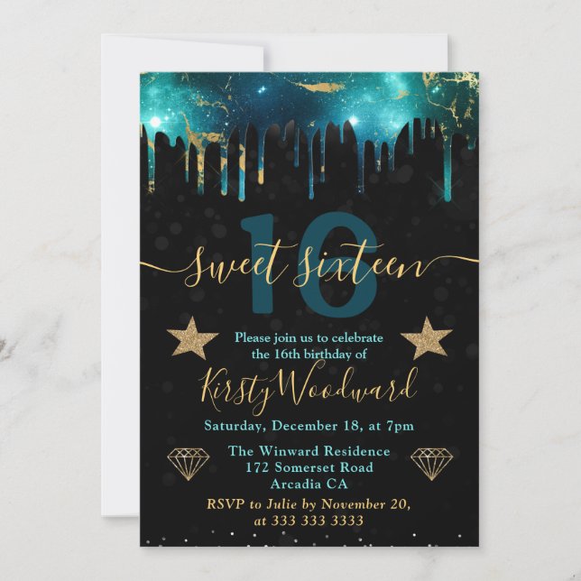 Invitation Sweet sixteen en marbre de galaxie verte et dorée (Devant)