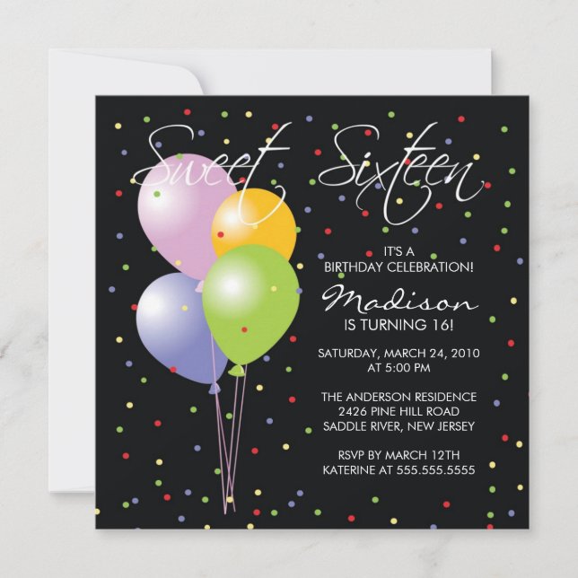 Invitation Sweet sixteen Festive Balllons Anniversaire (Devant)