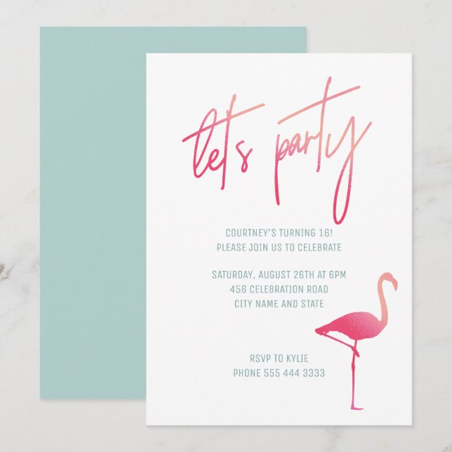 Invitation Sweet sixteen flamand tropical rose & menthe invit (Devant / Derrière)