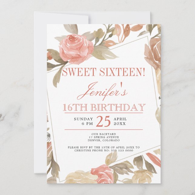Invitation Sweet sixteen floral à pâte Rose poussiéreuse (Devant)