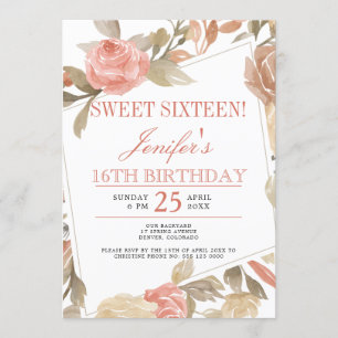 Invitation Sweet sixteen floral à pâte Rose poussiéreuse