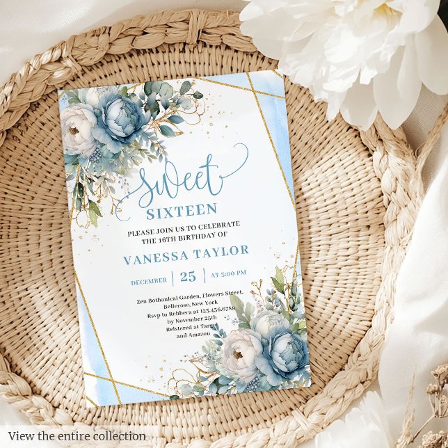Invitation Sweet sixteen floral blanc bleu pastel tendance (Trendy Pastel Blue White Floral Sweet 16 Invitation)