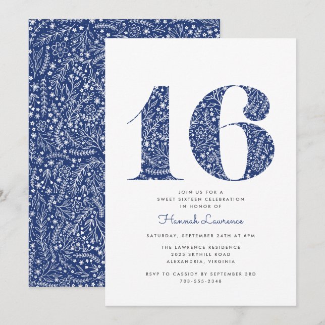 Invitation Sweet sixteen floral bleu marine (Devant / Derrière)