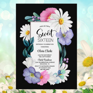 Invitation Sweet sixteen floral coloré Anniversaire
