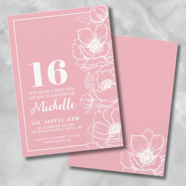Invitation Sweet sixteen Floral Pink 16e anniversaire (Sweet Sixteen Elegant Pink Floral 16th Birthday Invitation)