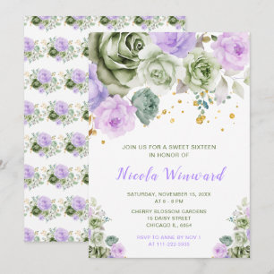Invitation Sweet sixteen floral vert Sage et violet