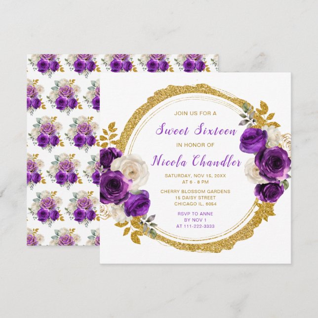 Invitation Sweet sixteen foncé violet et or élégant Fleurs (Devant / Derrière)