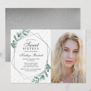 Invitation Sweet sixteen géométrique Eucalyptus Silver