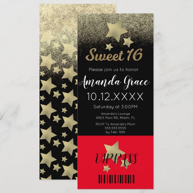 Invitation Sweet sixteen Gold Parties scintillant Étoile de c (Devant / Derrière)