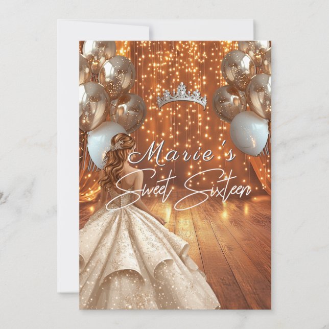 Invitation Sweet sixteen Gown Gold Sparkon Ballons Couronne (Devant)