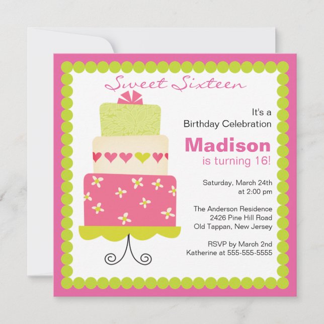 Invitation Sweet sixteen Green & Pink Cake Birthday Invitatio (Devant)