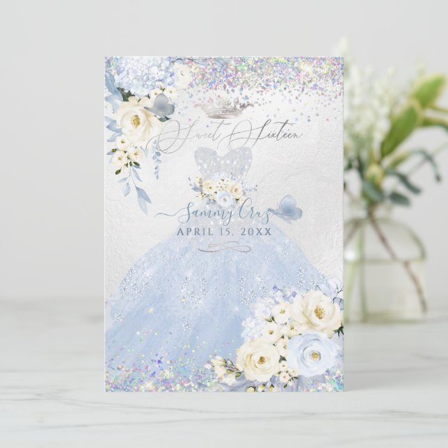 Invitation Sweet sixteen Holographique Dusty bleu robe d'arge (Debout devant)