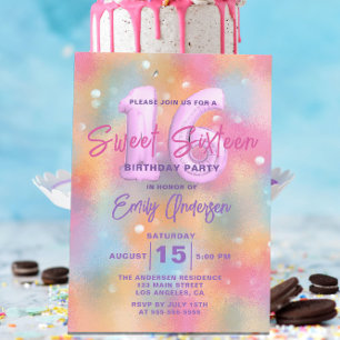 Invitation Sweet sixteen Holographique Pastel élégant Anniver